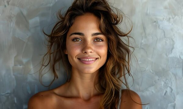 A young woman exudes confidence and warmth, her radiant smile complemented by soft, diffused lighting. Her casual pose highlights natural beauty and effortless charm