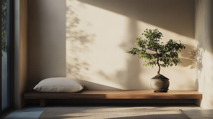 A serene meditation corner with a simple cushion, a wooden meditation bench, a soft rug, and a small potted bonsai tree on a low shelf