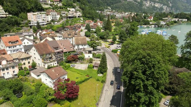 Swiss village mountain resort town in Wessen Linth Switzerland, travel, aerial