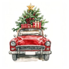 Vintage car Christmas tree illustration