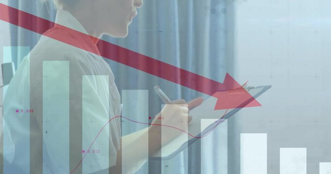 Red downward arrow and bar chart animation over businesswoman holding clipboard