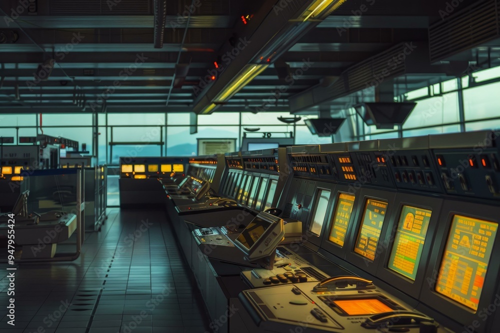 Poster control room monitoring system showing complex data on multiple screens for engineers at a power pla
