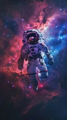 an astronaut floating in space, gazing at a distant, colorful galaxy with cosmic dust.