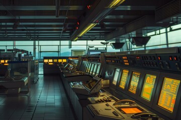 Control room monitoring system showing complex data on multiple screens for engineers at a power plant