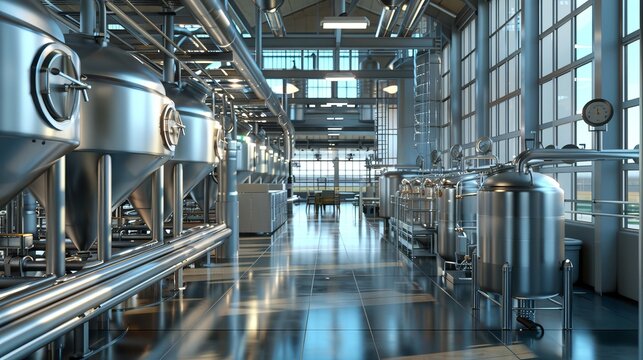 Industrial Elegance Inside a Modern Brewery with Stainless Steel Tanks and Pipes Craft Beer Production at its Finest - Powered by Adobe