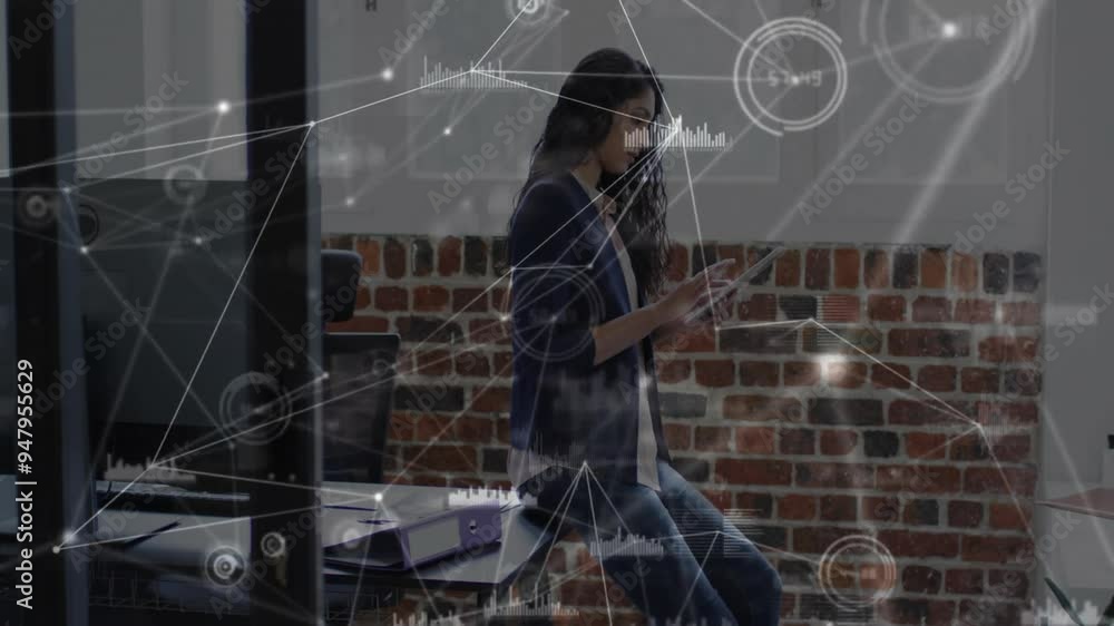 Aufkleber network connections and data processing animation over woman using tablet in office