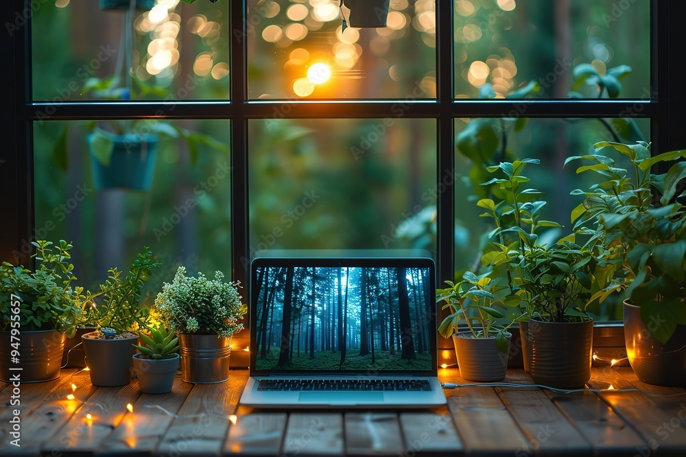 Poster a laptop is open on a wooden table with a view of a forest