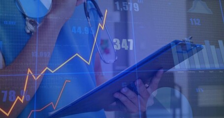 Medical professional holding clipboard with financial data and graphs animation - Powered by Adobe