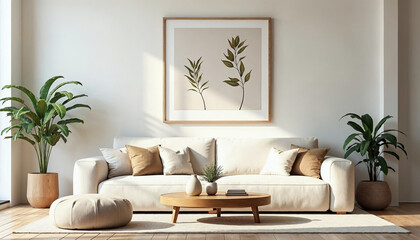 A minimalist living room with a white sofa, wooden coffee table, and a framed botanical artwork on the wall