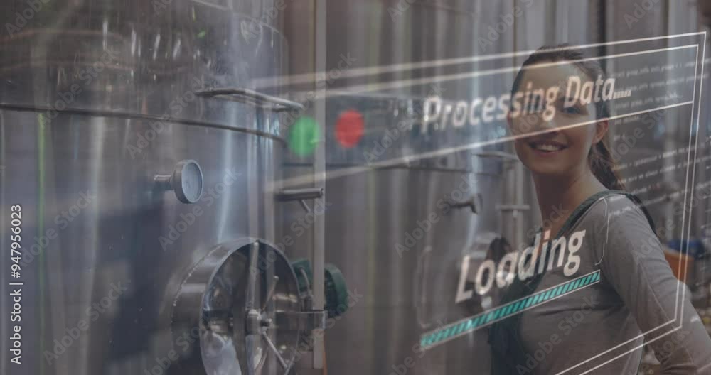 Poster processing data and loading animation over woman working in industrial facility