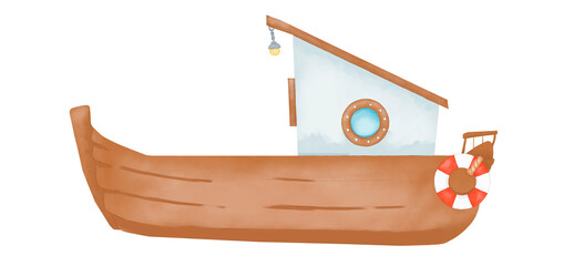 Brown boat with a cabin, a lifebuoy red and white and a lamp, with a round window watercolor digital illustration children's holiday for printing and web