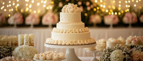 Elegant wedding cake adorned with delicate decorations, surrounded by floral arrangements and twinkling lights for a magical ambiance.
