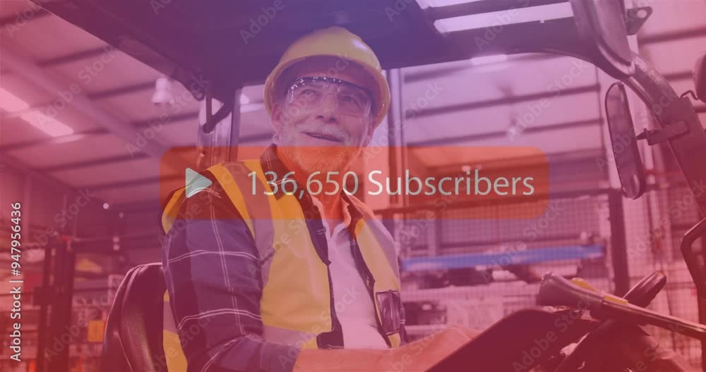 Poster worker in safety gear operating machinery with subscriber count animation over