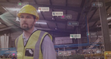 Social media interaction icons animation over worker in industrial warehouse - Powered by Adobe