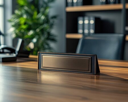 Nameplate with engraving on an office desk, displaying a professional name