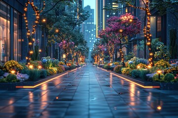 Naklejka premium A city street with a walkway lined with trees and flowers