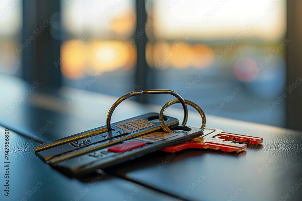 Poster set of keys is laying on a table near a window with the city lights out of focus in the background