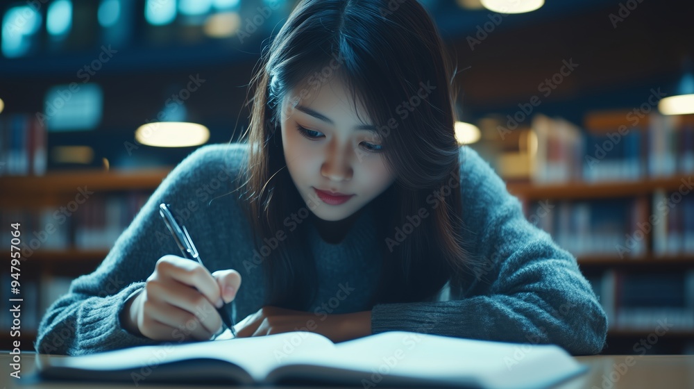 Poster student engaged in focused study while taking notes in a library during the afternoon hours lit by w