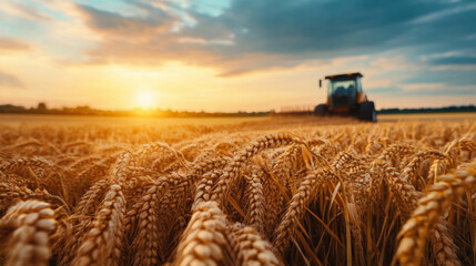 Wheat field ready for harvest with a tractor in the background during sunset, showcasing the beauty of rural life.