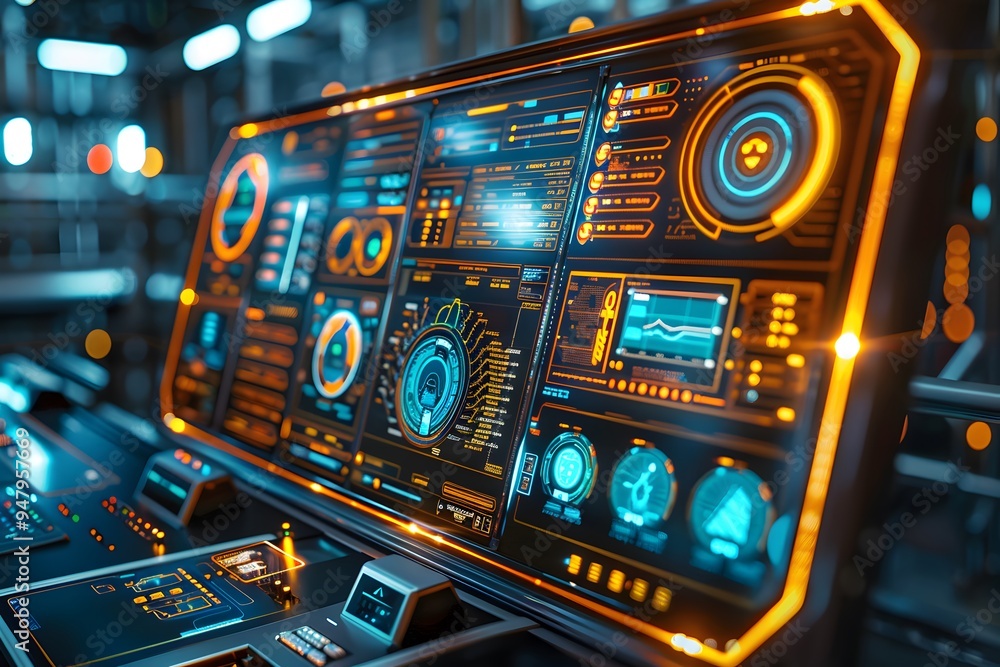 Poster futuristic control panel with dynamic data displays and neon accents