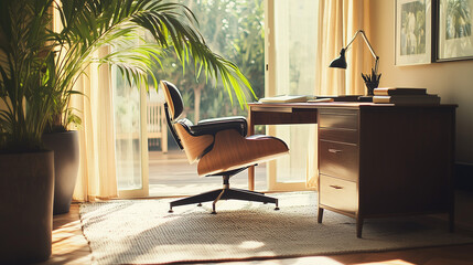 A stylish home office with a mid-century modern desk, chair, and a large potted plant. Light flooding in from a large window