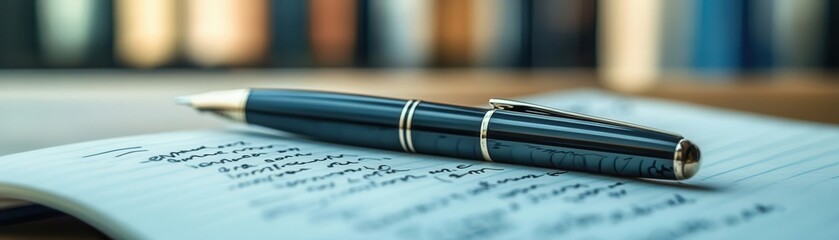 Pen with logo writing in a notebook, with neat handwriting