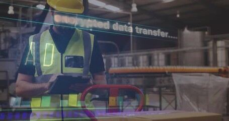 Encrypted data transfer animation over worker using tablet in industrial warehouse - Powered by Adobe