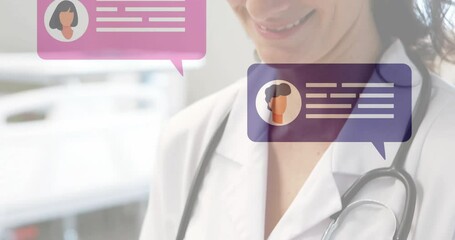 Chat bubbles animation over smiling doctor with stethoscope