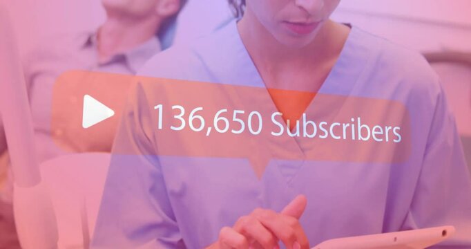 303,912 subscribers animation over medical professionals attending to patient