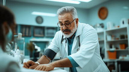 Obraz premium A senior male doctor with glasses and a white coat, leaning over to talk to a patient in a medical office, wearing a stethoscope around his neck.