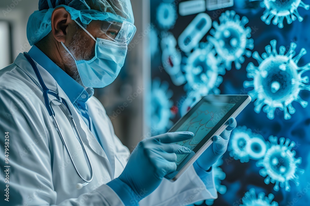 Aufkleber medical professional analyzing data on tablet with virus visualization in background
