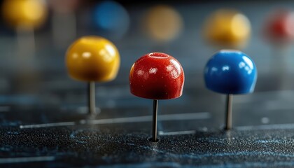 Push pins with round heads securing notes on a bulletin board
