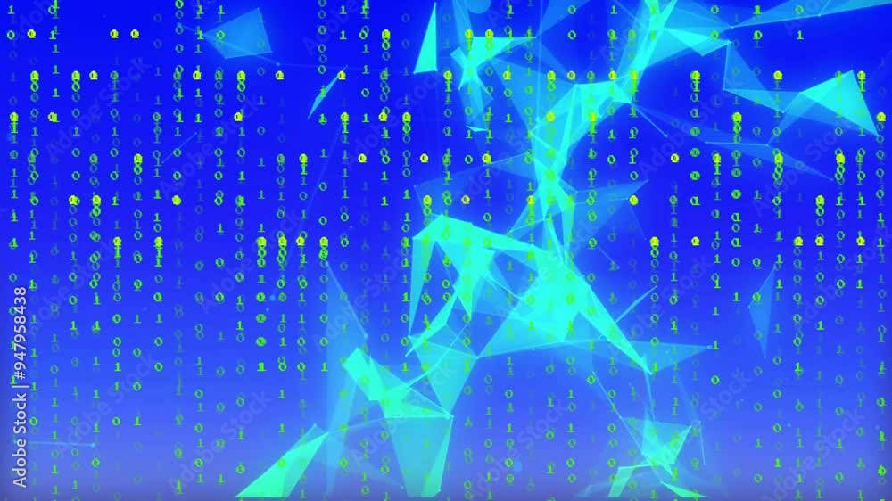 Poster binary code and geometric shapes animation over blue background
