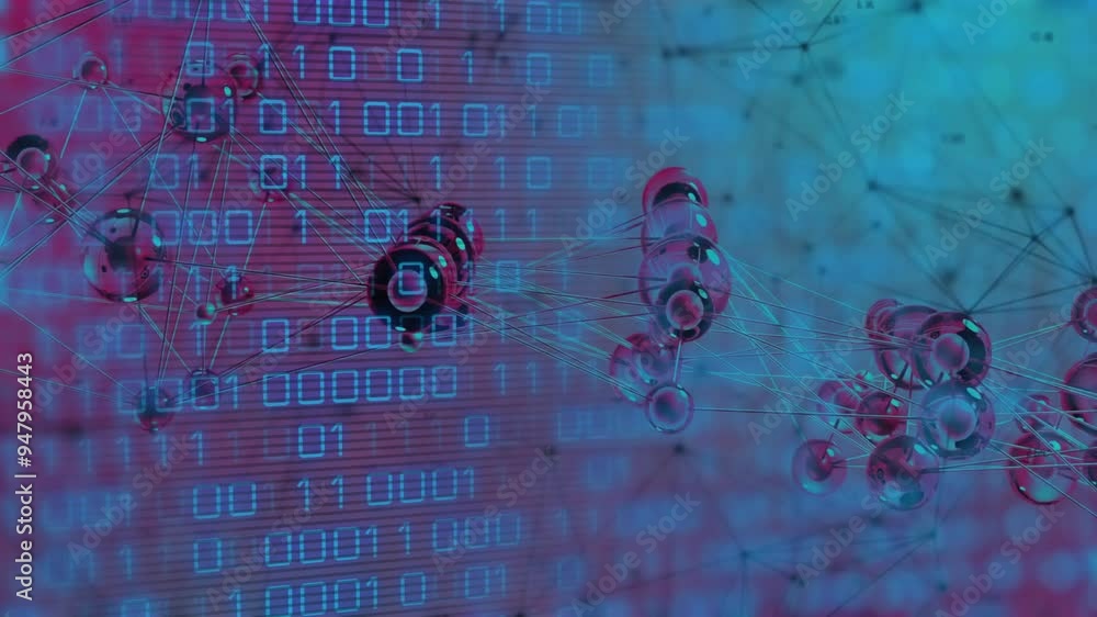 Poster binary code and molecular structures animation over blue and red background
