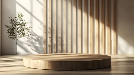 Obraz premium A round podium with a wooden texture, highlighted by natural light, set against a minimalistic background. 