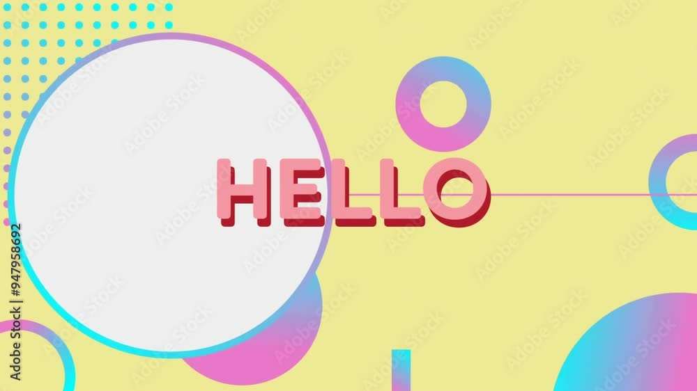 Poster hello text animation over colorful geometric shapes on yellow background