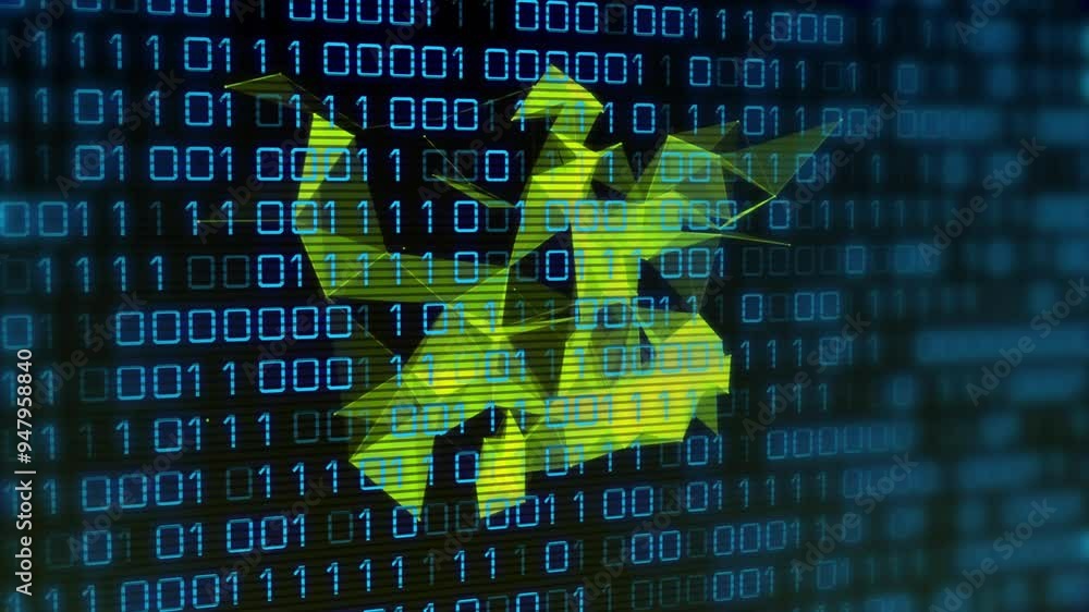 Poster yellow abstract shapes and binary code, data processing animation