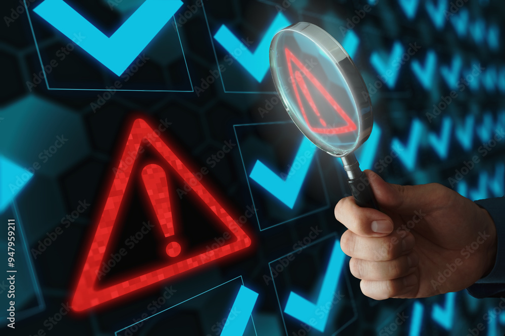 Poster System engineer identifying problem in computer network system. Red triangle with exclamation mark and many other checkmark icons. Hand holding magnifying glass.