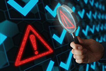 System engineer identifying problem in computer network system. Red triangle with exclamation mark...