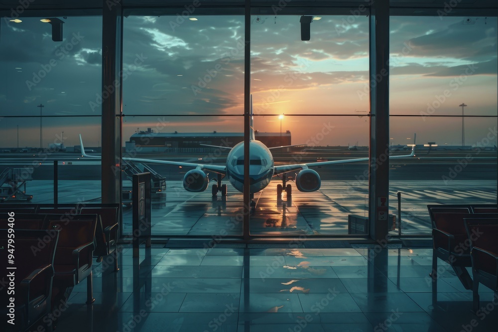 Poster passenger airplane is standing at the gate of an airport terminal with the sun setting in the backgr