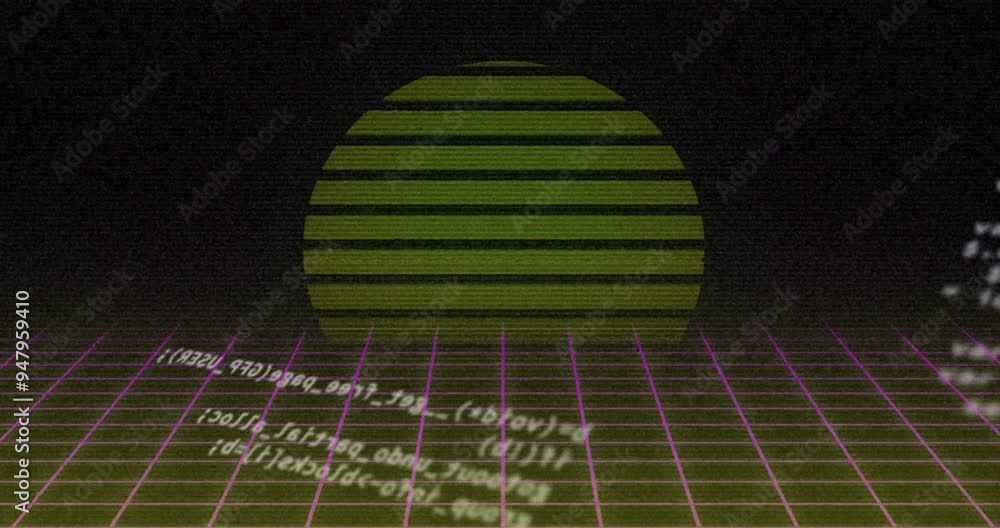 Poster retro grid with green sun and coding animation