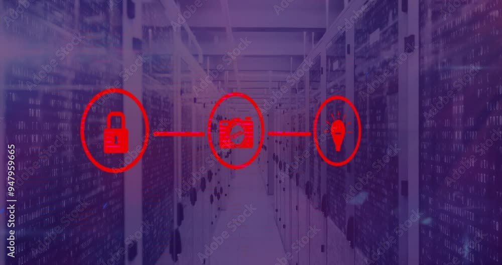 Poster cybersecurity icons animation over data center servers