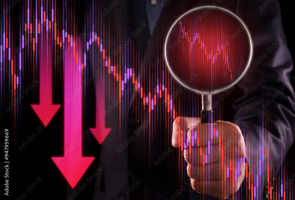 Poster investor analyzing the chart of stock market's price movements in a time of recession. investment st
