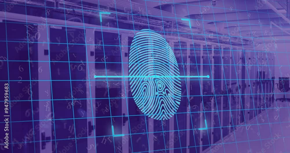 Poster fingerprint scanning animation over data servers in server room