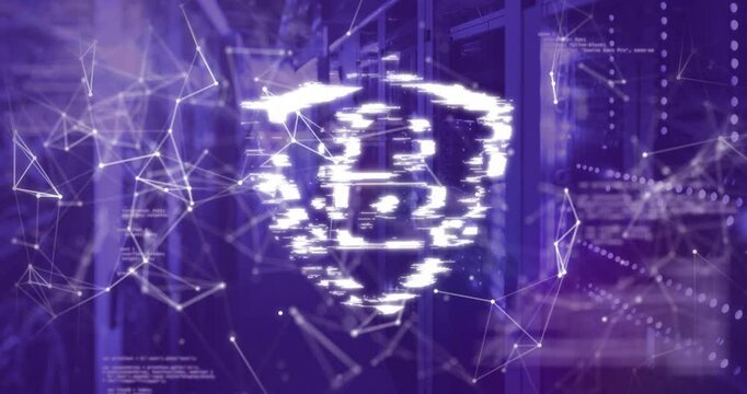 Digital shield and network connections animation over data servers