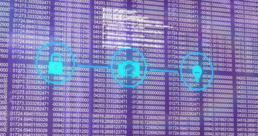 Poster digital data processing animation over binary code and blue icons on purple background