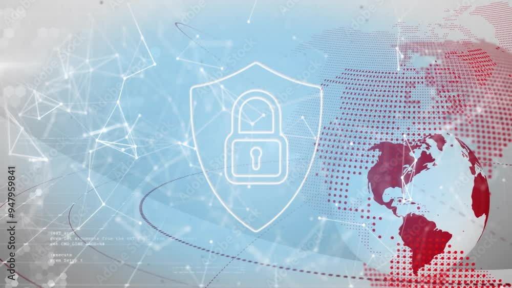Poster digital security lock animation over global network connections and world map