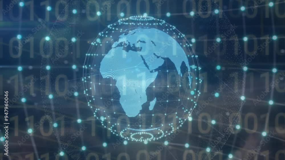 Poster digital globe with binary code and network connections animation