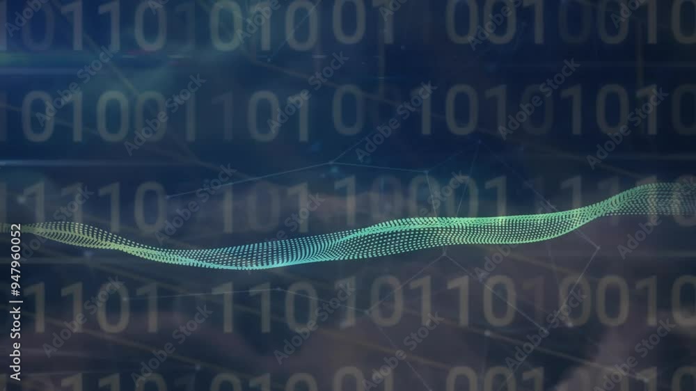Poster binary code and digital wave animation over dark blue background