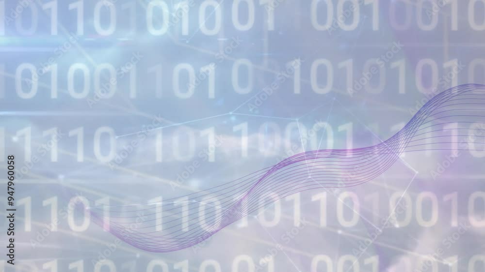 Poster binary code and wave animation over abstract digital background